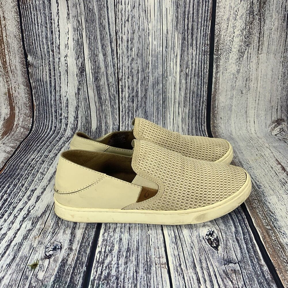 Olukai Pehuea Tapa Beige Slip On Sneakers Loafers Shoes, Women's Size 9